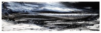 An abstract black and white painting with dynamic brush strokes and contrasting light and dark areas suggesting a tumultuous landscape. By Fiona Mathieson