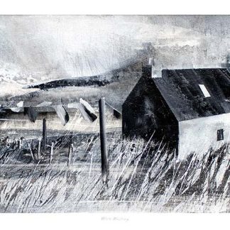 A monochromatic artwork depicting a rustic house amidst a rough landscape with expressive brush strokes conveying a stormy atmosphere. By Fiona Mathieson