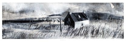 A monochromatic artwork depicting a rustic house amidst a rough landscape with expressive brush strokes conveying a stormy atmosphere. By Fiona Mathieson