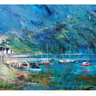 An abstract painting featuring a coastal scene with buildings and boats using vibrant colors and dynamic brush strokes. By Fiona Mathieson