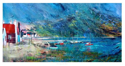 An abstract painting featuring a coastal scene with buildings and boats using vibrant colors and dynamic brush strokes. By Fiona Mathieson
