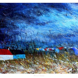 A vibrant painting depicts a small house with a clothesline set against a textured blue and white background, suggesting a windy landscape. By Fiona Mathieson