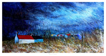 A vibrant painting depicts a small house with a clothesline set against a textured blue and white background, suggesting a windy landscape. By Fiona Mathieson