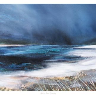 A vivid abstract painting with a blend of dark and light blue hues, creating an atmospheric landscape on canvas. By Fiona Mathieson