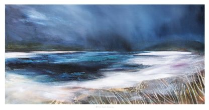 A vivid abstract painting with a blend of dark and light blue hues, creating an atmospheric landscape on canvas. By Fiona Mathieson