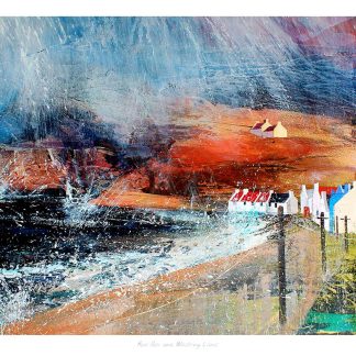 The image displays an abstract painting of a coastal village with dynamic brush strokes and vibrant colors. By Fiona Mathieson