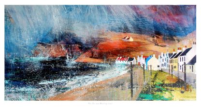 The image displays an abstract painting of a coastal village with dynamic brush strokes and vibrant colors. By Fiona Mathieson