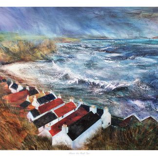 A vibrant painting depicting a coastal landscape with houses and tumultuous sea under a dynamic, textured sky. By Fiona Mathieson