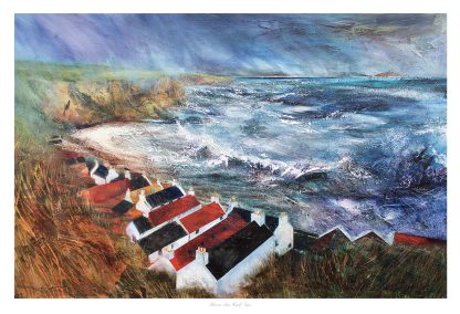 A vibrant painting depicting a coastal landscape with houses and tumultuous sea under a dynamic, textured sky. By Fiona Mathieson