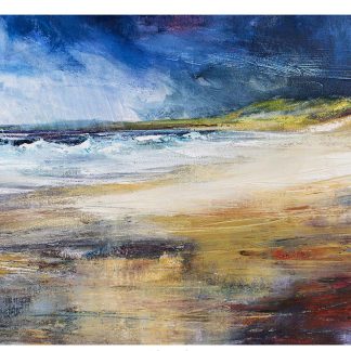 An abstract painting depicting a vibrant beach scene with bold brushstrokes and a dynamic contrast of blues and earth tones. By Fiona Mathieson