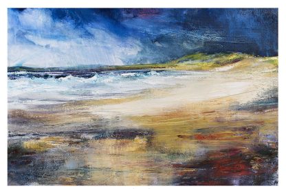 An abstract painting depicting a vibrant beach scene with bold brushstrokes and a dynamic contrast of blues and earth tones. By Fiona Mathieson