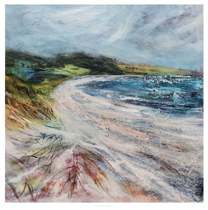 The image depicts a colorful abstract impressionist painting of a coastal landscape with a dynamic sky and textured brushstrokes. By Fiona Mathieson