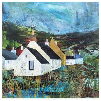 A vibrant painting of white cottages with yellow roofs set against a rural landscape with a dynamic blue and green sky. By Fiona Mathieson