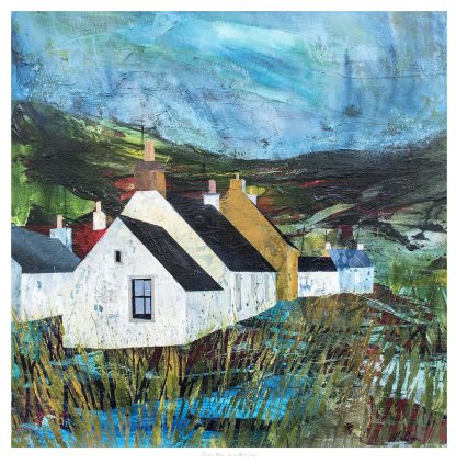 A vibrant painting of white cottages with yellow roofs set against a rural landscape with a dynamic blue and green sky. By Fiona Mathieson