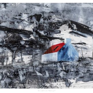 An abstract painting featuring a prominent blue house with a red roof amidst expressive black and white brushstrokes.