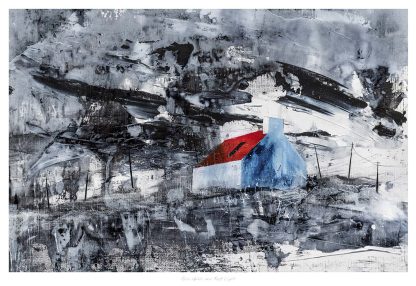 An abstract painting featuring a prominent blue house with a red roof amidst expressive black and white brushstrokes.