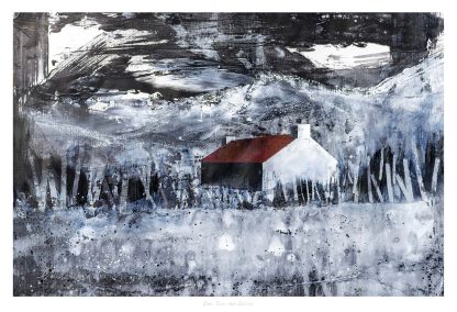 A solitary red-roofed house appears amidst a tumultuous black and white abstract painted background.