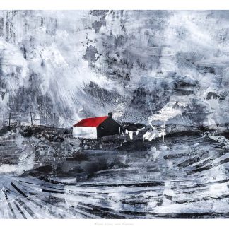An abstract painting featuring a solitary house with a red roof amidst a predominantly black and white chaotic brushstroke landscape. By Fiona Mathieson