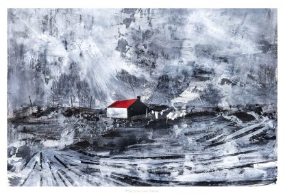 An abstract painting featuring a solitary house with a red roof amidst a predominantly black and white chaotic brushstroke landscape. By Fiona Mathieson