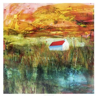 An abstract painting featuring vibrant colors, a solitary white house with a red roof, and an impressionistic landscape. By Fiona Mathieson