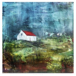 A colorful, textured abstract painting depicting a white house amid a vibrant, brushstroked landscape. By Fiona Mathieson