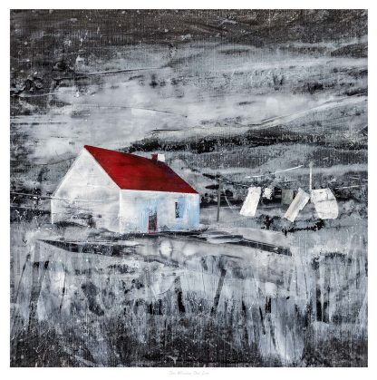 A textured painting of a solitary house with a red roof and two sailboats on a monochromatic, abstract background. By Fiona Mathieson