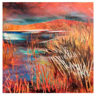 An abstract painting with vibrant red, orange, blue hues and prominent brush strokes suggesting a landscape with water and vegetation. By Fiona Mathieson