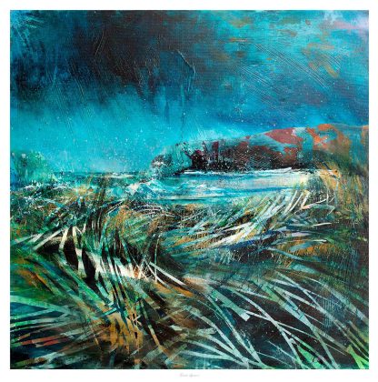 A vibrant abstract painting depicting dynamic brushstrokes in shades of blue, green, and red, evoking a tumultuous sea or natural landscape. By Fiona Mathieson