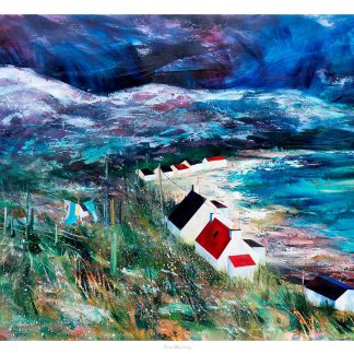 An abstract painting depicting a vibrant coastal scene with houses and tumultuous seas under a stormy sky. By Fiona Mathieson