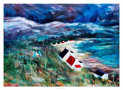 An abstract painting depicting a vibrant coastal scene with houses and tumultuous seas under a stormy sky. By Fiona Mathieson