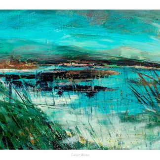 The image is a colorful abstract painting with shades of blue and green, possibly depicting a serene landscape with water and vegetation. By Fiona Mathieson