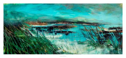 The image is a colorful abstract painting with shades of blue and green, possibly depicting a serene landscape with water and vegetation. By Fiona Mathieson