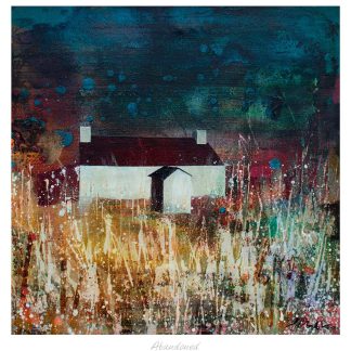 The image depicts an abstract painting of a solitary white house with a dark roof set against a textured, colorful background. By Fiona Mathieson