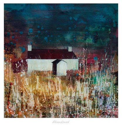 The image depicts an abstract painting of a solitary white house with a dark roof set against a textured, colorful background. By Fiona Mathieson