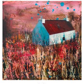 A colorful abstract painting featuring a simple white house with a red roof against a backdrop of vibrant strokes and splashes of various colors. By Fiona Mathieson