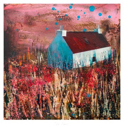 A colorful abstract painting featuring a simple white house with a red roof against a backdrop of vibrant strokes and splashes of various colors. By Fiona Mathieson