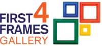 The image shows a multicolored logo for 'First 4 Frames Gallery' with a stylized representation of four frames.