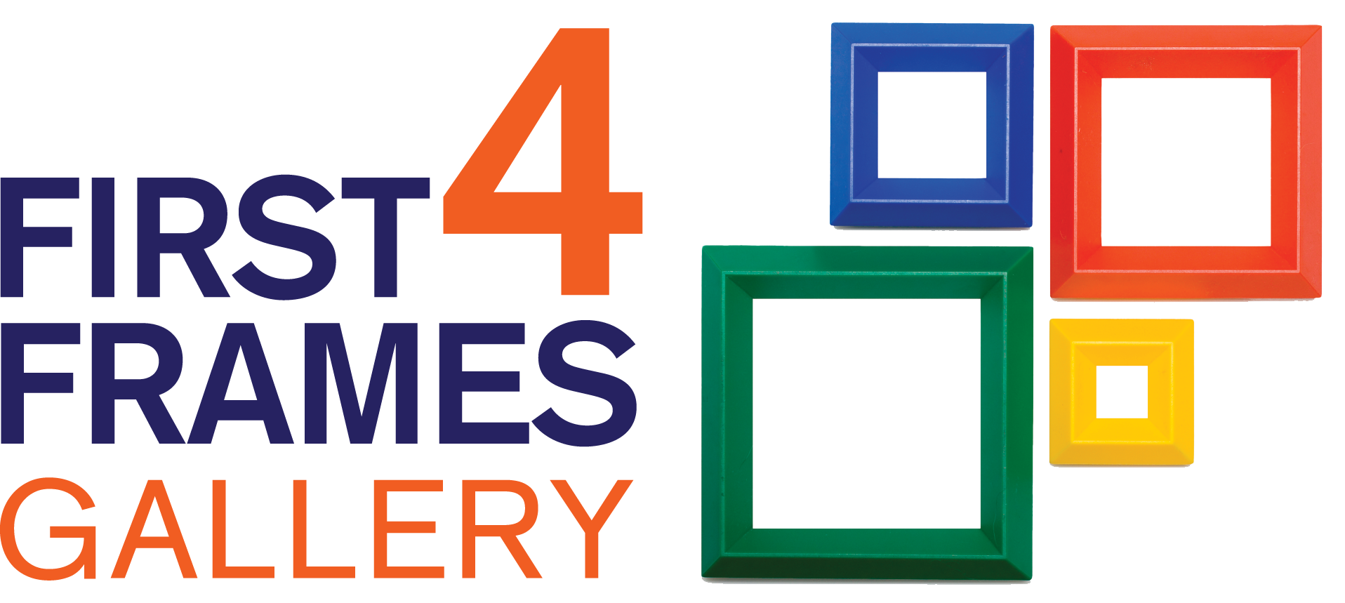 The image shows the text 'FIRST 4 FRAMES GALLERY' accompanied by a colorful arrangement of five empty picture frames decreasing in size.