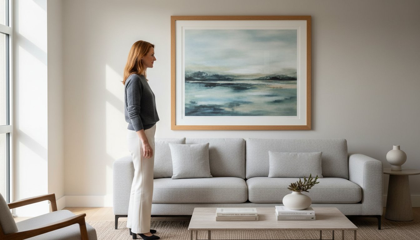 A woman stands in a modern, bright living room with a large abstract landscape painting above a light grey sofa, neutral decor, and minimalistic furniture.