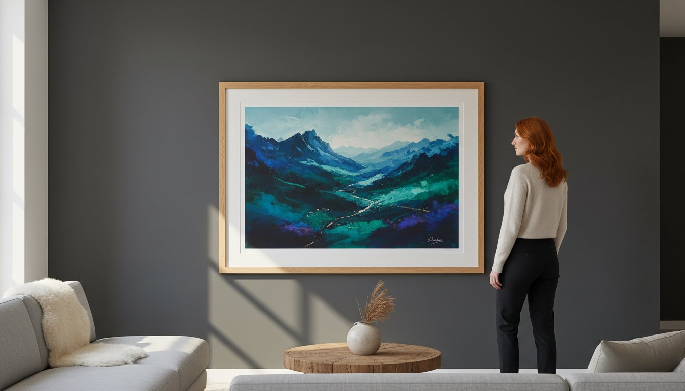 A woman stands in a modern living room, looking at a large framed painting of blue and green mountains hanging on a dark grey wall above a round wooden coffee table with a small vase and dried grass.