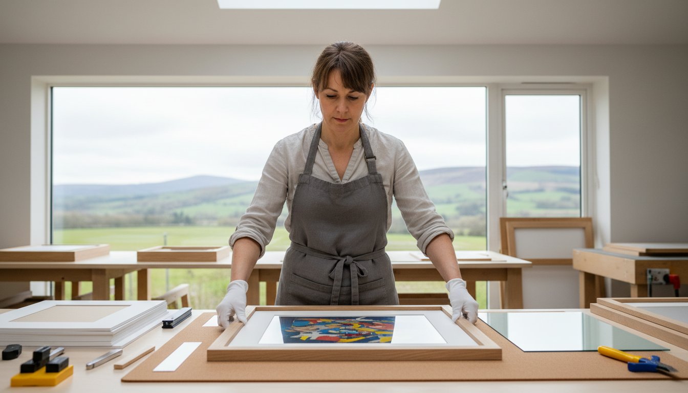 A woman wearing an apron and gloves frames colourful artwork in a bright, modern studio with large windows overlooking rolling hills in the background. Framing tools and materials are on the tables around her.