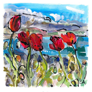A colorful painting of vibrant red tulips with a blue sky and landscape in the background. By Clare Arbuthnott