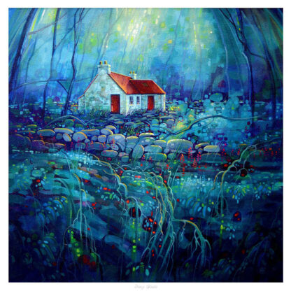 A vibrant painting depicting a white house amidst a mystical blue forest with glowing details and red spots possibly representing flowers or fauna. By Esther Cohen