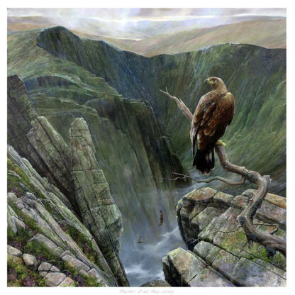 A majestic eagle perched on a twisted branch overlooking a steep cliff and narrow waterway below, amidst a rugged mountainous landscape. By Chris Sharp