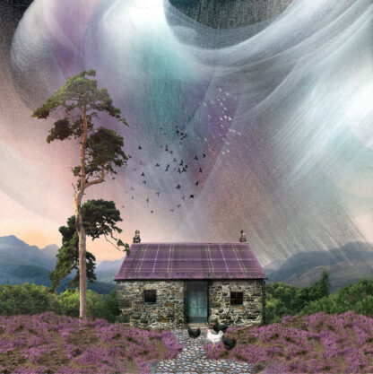 A quaint stone cottage amidst purple flowers with a solitary tree, birds, and dynamic, surreal sky. By Esther Cohen