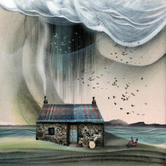 A surreal illustration showcasing a house with a tartan-patterned roof under a large, swirling cloud formation with birds flying and two people sitting outside. By Esther Cohen