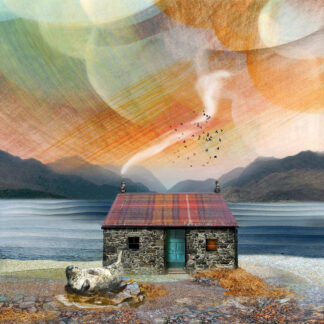 A surreal artwork blending a seaside landscape with a cottage and a seal, under an abstract, colorful sky with birds. By Esther Cohen
