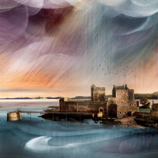 A surreal artwork portraying a castle by the sea with a swirling sky and waves, exhibiting a dreamlike blend of natural and architectural elements. By Esther Cohen