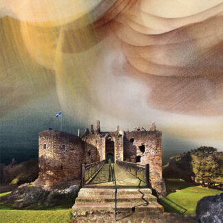 A surreal image of a historic stone castle with an exaggerated swirling brown and yellow sky above it. By Esther Cohen