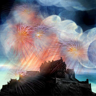 A dramatic depiction of a castle silhouette against a sky with fireworks and billowing clouds, invoking a fantasy-like scene. By Esther Cohen